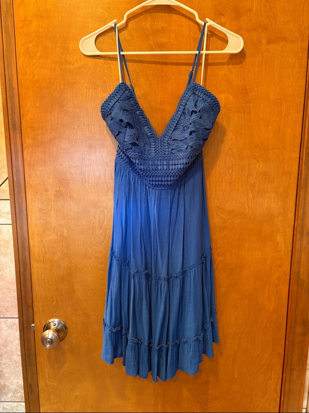 Blue Crochet Bust Mini Dress with Spaghetti Straps